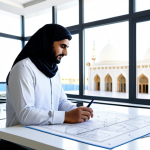 **

"A professional Arab architect, fully clothed in modest, modern Islamic attire, working on a digital design in a bright, contemporary office space filled with natural light. The backdrop includes blueprints and architectural models. Perfect anatomy, correct proportions, well-formed hands, natural pose. Safe for work, appropriate content, professional, modest, family-friendly, high quality."

**
