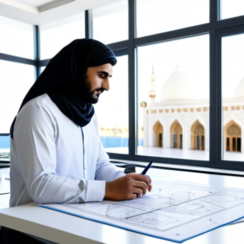 Home 20 **
"A professional Arab architect, fully clothed in modest, modern Islamic attire, working on a digital design in a bright, contemporary office space filled with natural light. The backdrop includes blueprints and architectural models. Perfect anatomy, correct proportions, well-formed hands, natural pose. Safe for work, appropriate content, professional, modest, family-friendly, high quality."
**