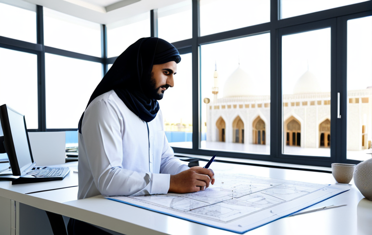 **

"A professional Arab architect, fully clothed in modest, modern Islamic attire, working on a digital design in a bright, contemporary office space filled with natural light. The backdrop includes blueprints and architectural models. Perfect anatomy, correct proportions, well-formed hands, natural pose. Safe for work, appropriate content, professional, modest, family-friendly, high quality."

**
