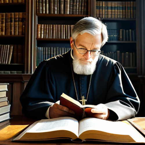 Home 9 **
"A professional theologian in modest clerical attire, thoughtfully contemplating ancient texts in a sunlit library filled with theological books, fully clothed, appropriate content, safe for work, perfect anatomy, natural proportions, scholarly environment, family-friendly."
**