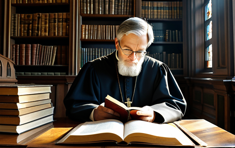 **

"A professional theologian in modest clerical attire, thoughtfully contemplating ancient texts in a sunlit library filled with theological books, fully clothed, appropriate content, safe for work, perfect anatomy, natural proportions, scholarly environment, family-friendly."

**