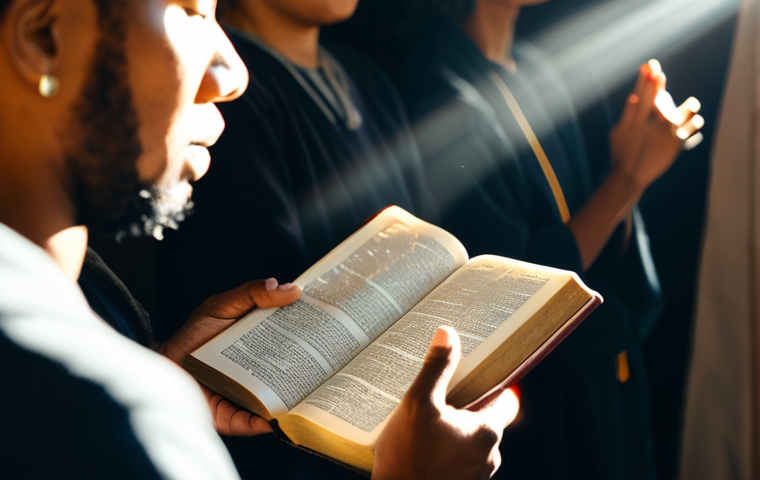 기독교의 영적 전쟁 - **Image:** A person reading the Bible, light streaming in, with diverse people in the background pra...