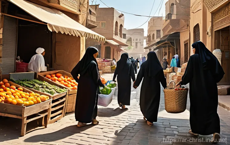 기독교와 사회 정의 - **Prompt:** A vibrant, sunlit outdoor scene in a bustling Arab neighborhood, depicting a diverse gro...