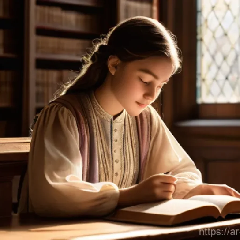 기독교와 교리서 - **Prompt: A serene young person, around 16 years old, sitting quietly by a large arched window in an...