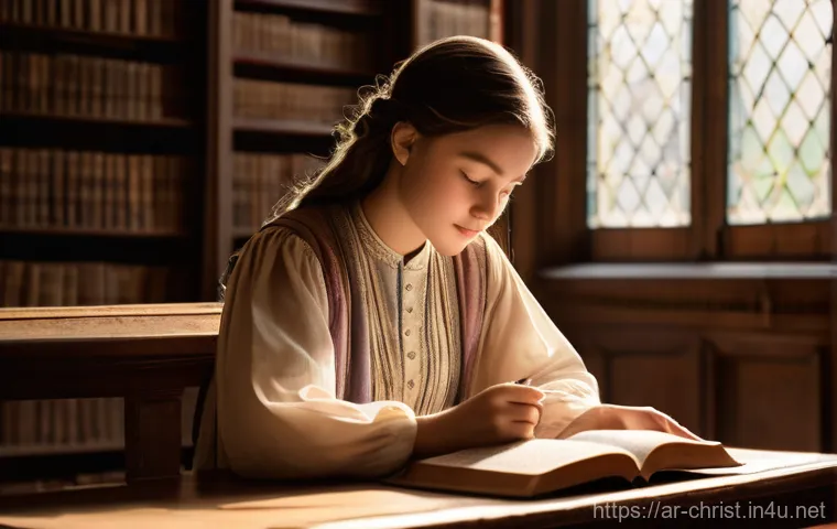 기독교와 교리서 - **Prompt: A serene young person, around 16 years old, sitting quietly by a large arched window in an...