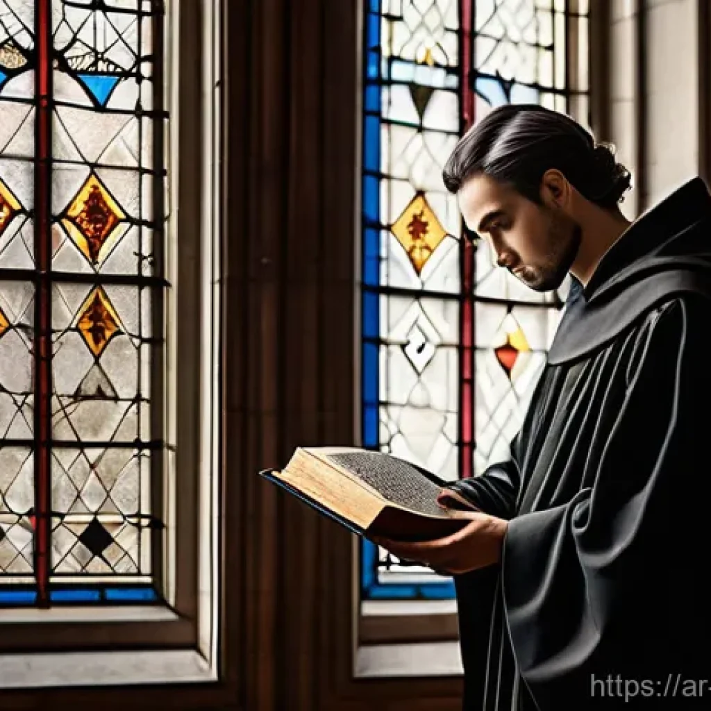 기독교와 비밀 결사 - **Prompt:** A solemn, ancient Gothic cathedral interior bathed in ethereal light filtering through a...