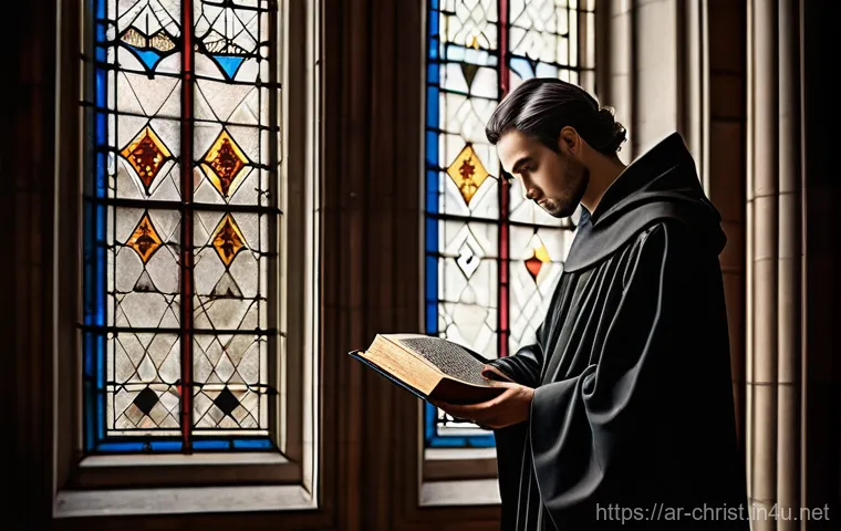기독교와 비밀 결사 - **Prompt:** A solemn, ancient Gothic cathedral interior bathed in ethereal light filtering through a...