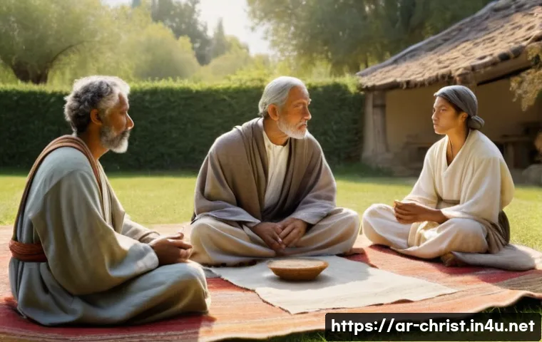 기독교와 전쟁 - **Prompt:** A serene and intimate gathering of early Christian followers in a simple, sun-drenched c...