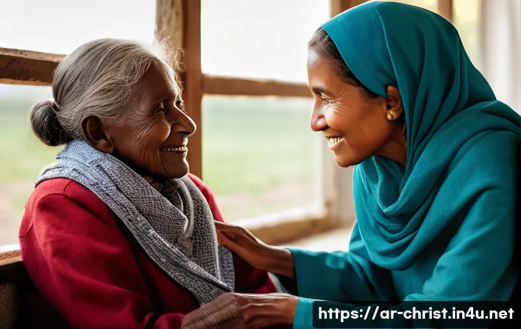 기독교의 성인 전통 - **Prompt 1: A Glimmer of Hope and Compassion**
    "A compassionate woman, with kind eyes and a gent...