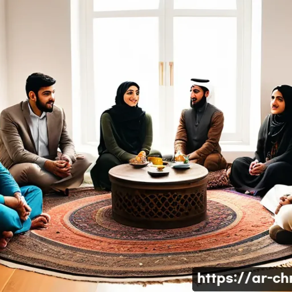 기독교와 소그룹 모임 - A warm and inviting gathering of diverse Arab adults in a cozy, well-lit room, sitting in a circle e...