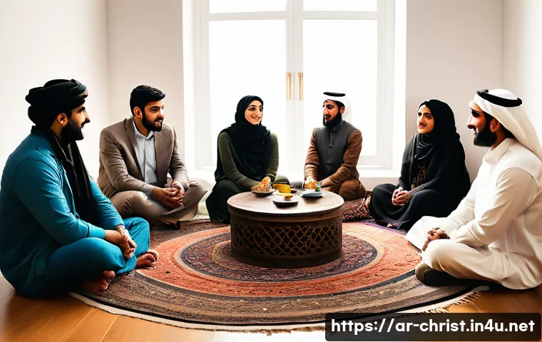 기독교와 소그룹 모임 - A warm and inviting gathering of diverse Arab adults in a cozy, well-lit room, sitting in a circle e...