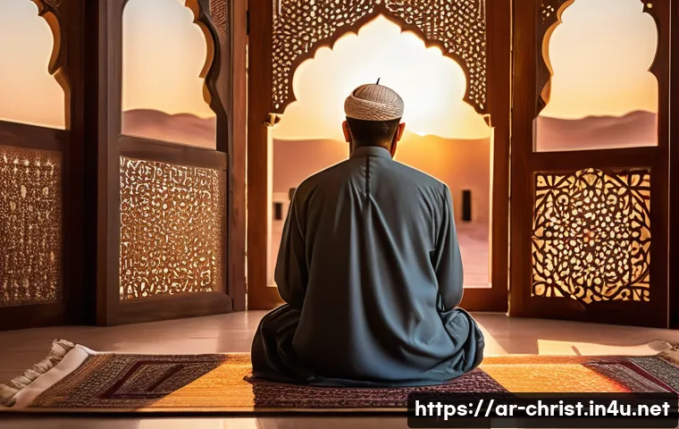 기독교의 치유 사역 - A serene Middle Eastern prayer room bathed in warm golden light at sunset, featuring a devout Arab m...