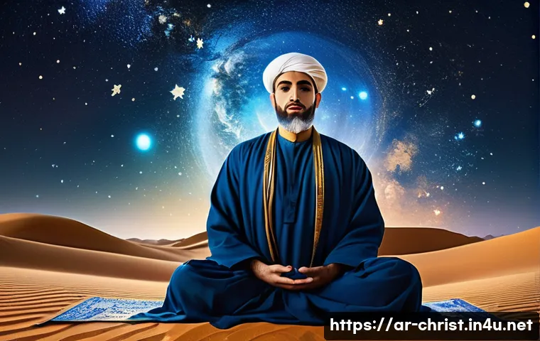 기독교와 우주론 - A serene and mystical scene depicting a Middle Eastern scholar meditating under a starry desert sky,...