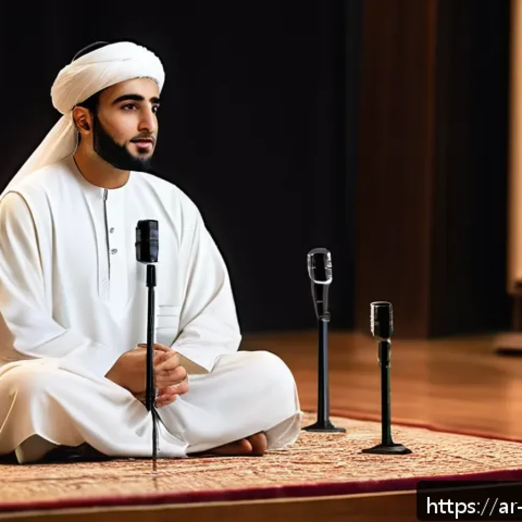 기독교와 퍼블릭 스피킹 - A thoughtful Middle Eastern man in traditional attire, sitting calmly on a wooden stage with a micro...