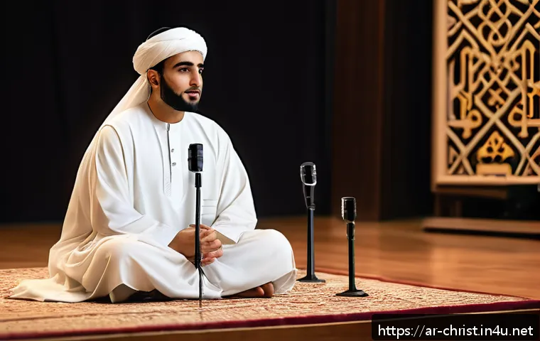 기독교와 퍼블릭 스피킹 - A thoughtful Middle Eastern man in traditional attire, sitting calmly on a wooden stage with a micro...
