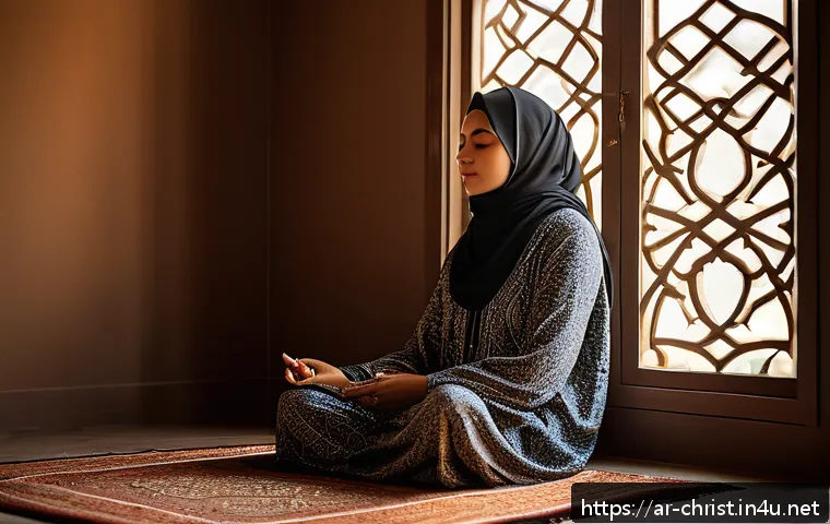 기독교와 힐링문화 - A serene Middle Eastern woman sitting peacefully in a traditional home prayer corner decorated with ...