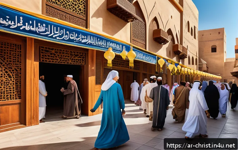종교 자유와 기독교 - A vibrant street scene in a contemporary Middle Eastern city showcasing diverse groups of people fro...