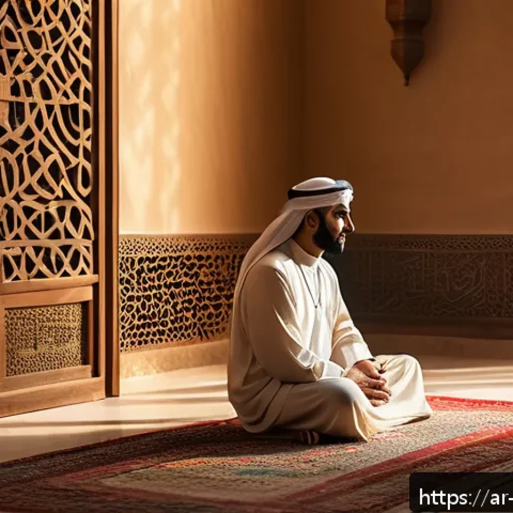 기독교 문학 작품 - A contemplative Arab man seated peacefully in a traditional Majlis setting, surrounded by ancient Ar...