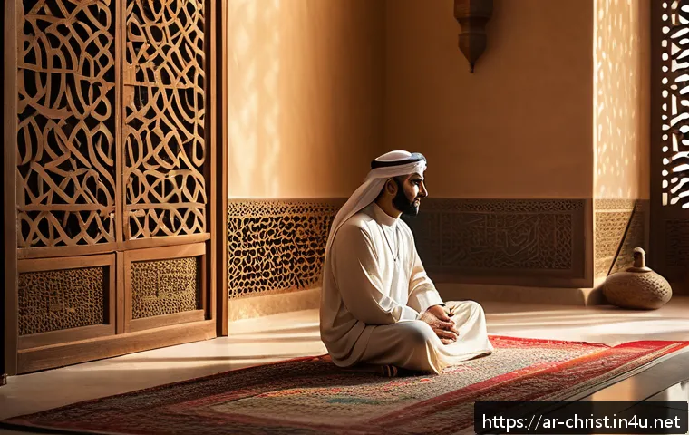 기독교 문학 작품 - A contemplative Arab man seated peacefully in a traditional Majlis setting, surrounded by ancient Ar...