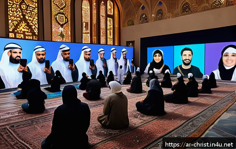 기독교와 디지털 미디어 - A vibrant digital church community gathering depicted on multiple screens showing diverse Arabic-spe...