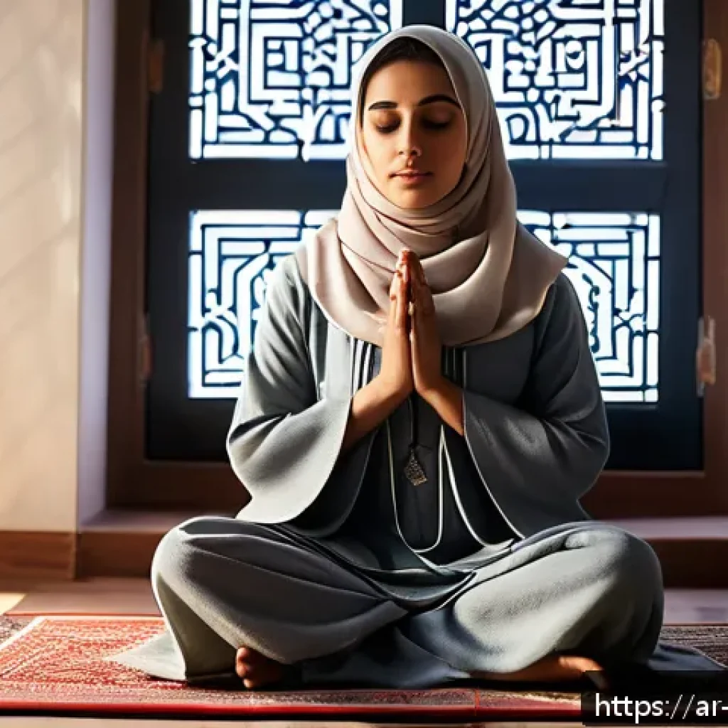 기독교와 봉헌 - A serene Middle Eastern woman wearing modest traditional attire, sitting cross-legged on a prayer ru...