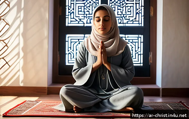 기독교와 봉헌 - A serene Middle Eastern woman wearing modest traditional attire, sitting cross-legged on a prayer ru...