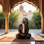 기독교와 삶의 의미 - A serene Middle Eastern courtyard at dawn, featuring a peaceful Arab man in modest traditional cloth...