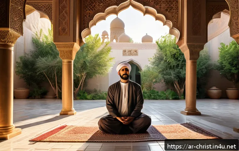기독교와 삶의 의미 - A serene Middle Eastern courtyard at dawn, featuring a peaceful Arab man in modest traditional cloth...