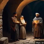 기독교 박해사 - A resilient early Christian community in ancient Roman times, depicted in a dimly lit underground ca...
