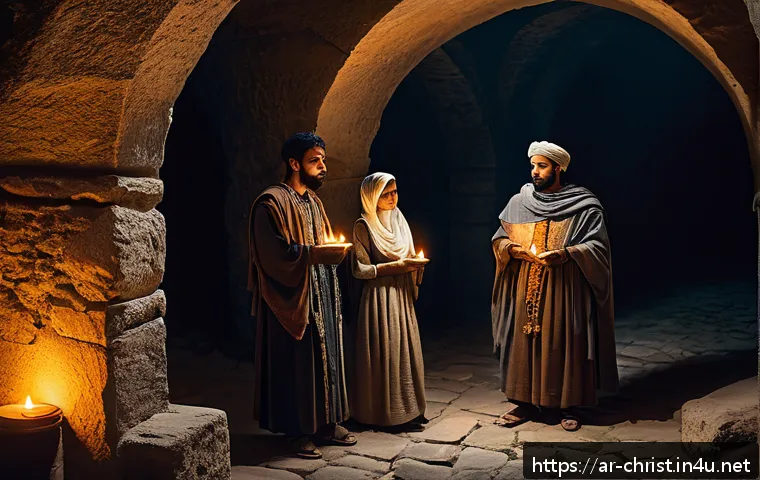 기독교 박해사 - A resilient early Christian community in ancient Roman times, depicted in a dimly lit underground ca...