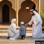 기독교와 철학적 탐구 - A serene Middle Eastern courtyard at sunset, featuring diverse people of various ages and background...