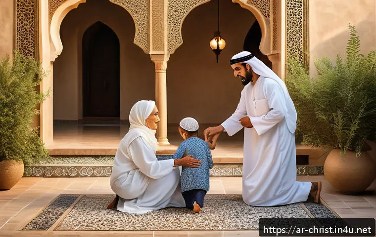 기독교와 철학적 탐구 - A serene Middle Eastern courtyard at sunset, featuring diverse people of various ages and background...