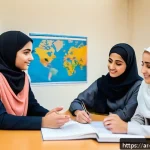 기독교와 과학의 관계 - A serene Middle Eastern university classroom scene where a diverse group of adult students, both men...