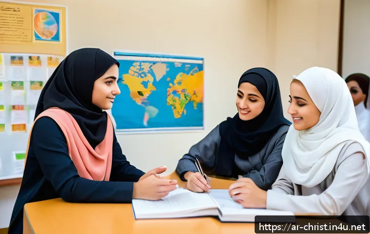 기독교와 과학의 관계 - A serene Middle Eastern university classroom scene where a diverse group of adult students, both men...