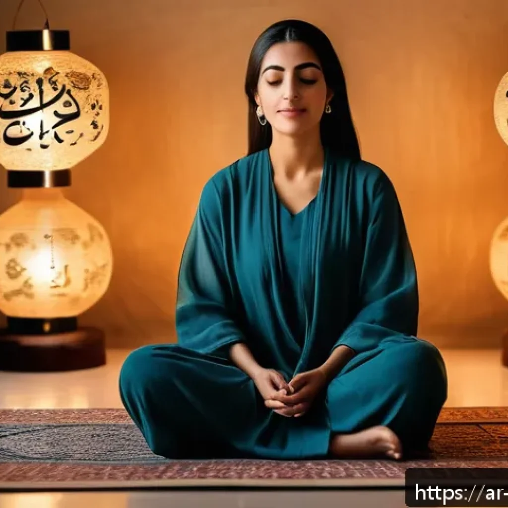 기독교의 주요 교리 - A serene Middle Eastern woman sitting cross-legged on a traditional patterned carpet in a softly lit...