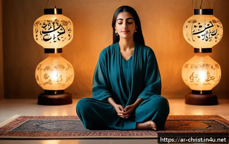 기독교의 주요 교리 - A serene Middle Eastern woman sitting cross-legged on a traditional patterned carpet in a softly lit...