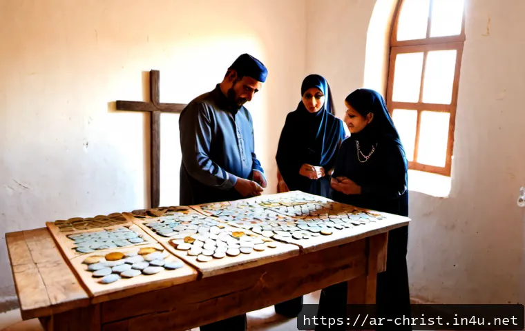 기독교와 경제 선교 - Photorealistic scene of a modest Arab Christian community entrepreneur meeting with a small group of...