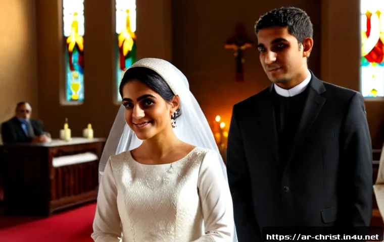기독교 결혼식의 의미 - Photorealistic Christian wedding ceremony in an elegant Middle Eastern church, Arab bride in a modes...