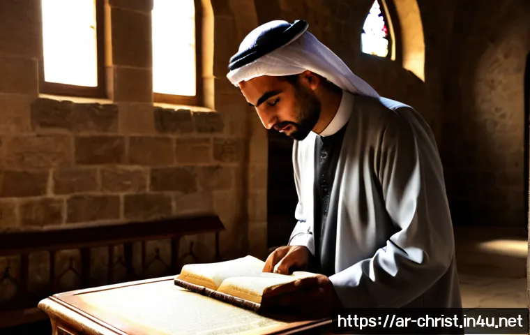 기독교와 역사 사역 - Photorealistic documentary-style scene inside a historic Middle Eastern stone church, an Arab Christ...