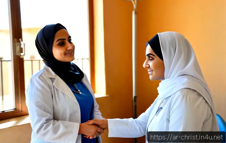 기독교와 의료 선교 - Photorealistic Christian medical mission clinic in a sunlit Arab neighborhood, compassionate Arab fe...