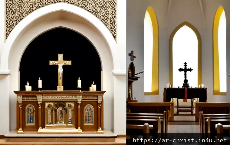 가톨릭과 개신교의 차이 - Photorealistic split-screen comparison of two peaceful Middle Eastern Christian church interiors: le...